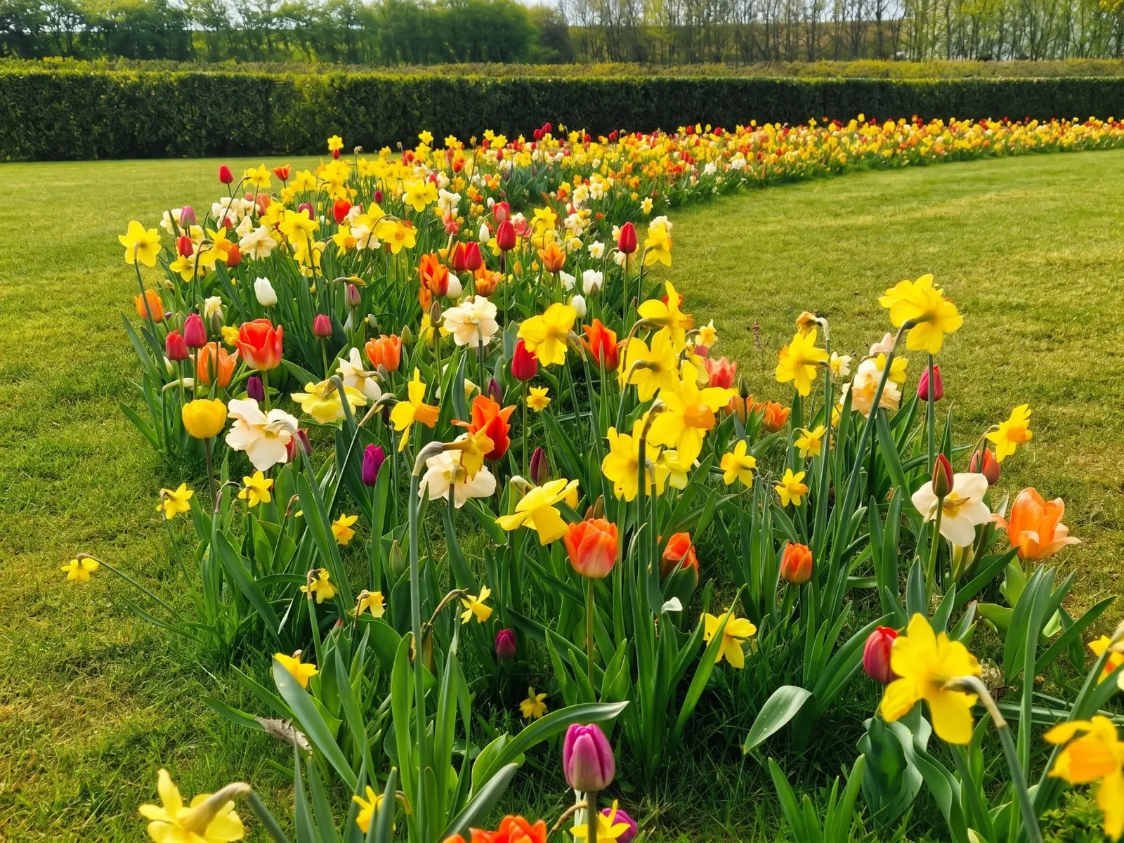 Ruban de narcisses et de tulipes planté en pelouse à Mont-Saint-Guibert